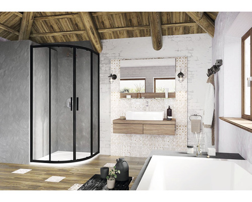 Kúpeľňa so sprchovacím kútom, umývadlom a zrkadlom vo svetlom dizajne