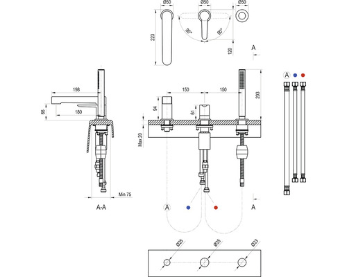Technický výkres kúpeľňovej armatúry s rozmermi
