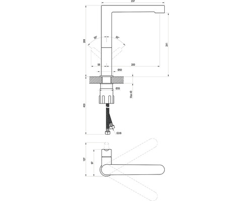 Technický výkres vodovodnej batérie s rozmermi