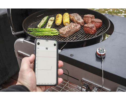 Fotografia grilu so steakmi, kukuričnými klasmi, cuketou a špargľou, kde smartfón zobrazuje teplotu.