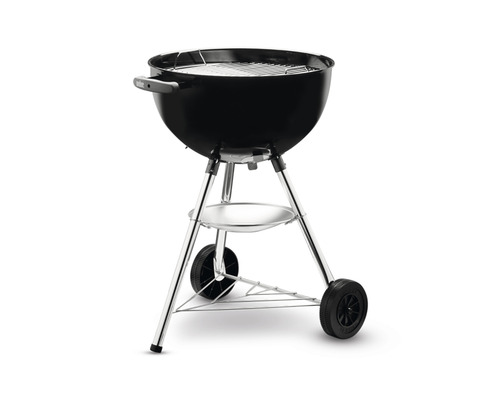 Čierny guľový gril s kolieskami a odkladacou plochou
