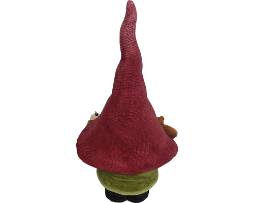 Pohľad zozadu na záhradnú dekoráciu trpaslíka s veľkou čiapkou