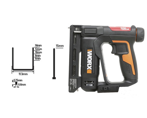 Sponkovačka Worx s rozmermi sponiek a klincov