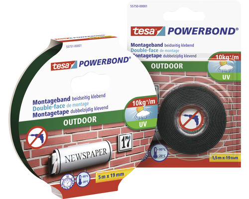 Obojstranná lepiaca penová páska tesa 19 mm x 1,5 m, exteriér Montážna páska Tesa Powerbond pre vonkajšie použitie, dve rolky