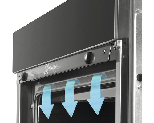 Detailný pohľad na rúru s cirkuláciou horúceho vzduchu, znázornenou modrými šípkami.