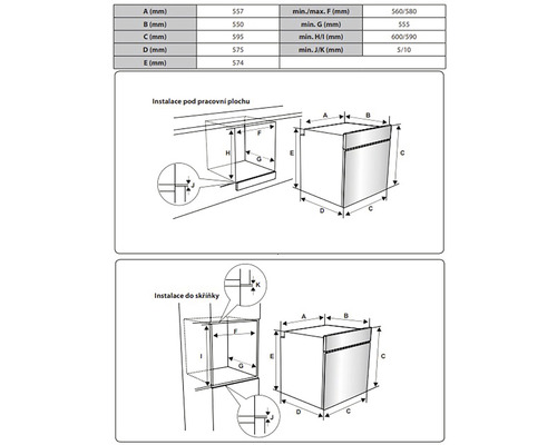 Technický nákres inštalácie spotrebiča s rozmermi.