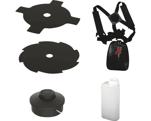 Sada príslušenstva pre krovinorez s nožmi, popruhom, cievkou struny a miešacou nádobou