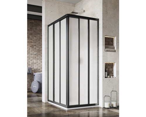 Jedna strana sprchového kúta RAVAK Supernova ASRV3-90 198 black+Pearl 15V703R211 Rohová sprcha s čiernym rámom a mliečnym sklom v kúpeľni