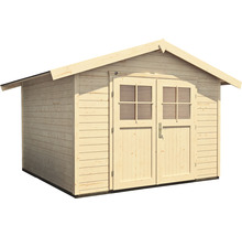 Drevený záhradný domček s dvojkrídlovými dverami a oknami