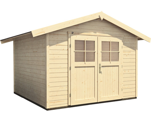 Drevený záhradný domček s dvojkrídlovými dverami a oknami