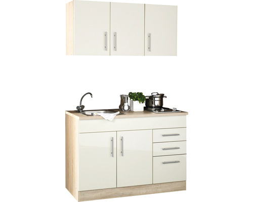 Kompaktná kuchynská linka s drezom, varnou doskou, spodnými skrinkami, zásuvkami a hornými skrinkami do malých priestorov