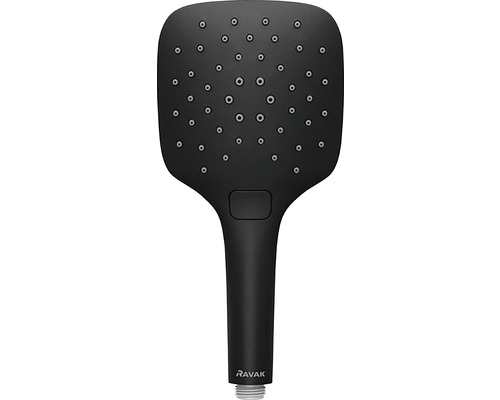 Čierna ručná sprcha Ravak s obdĺžnikovou hlavicou.