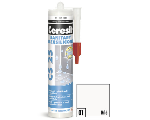 Silikón sanitárny Ceresit CS 25 SANITARY 280 ml 01 biela Ceresit Sanitárny Flexsilicon CS 25 kartuša s tryskou a vzorkovníkom farieb biela