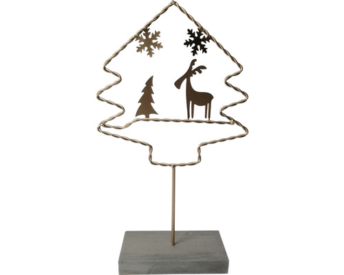 Ozdobná figúrka vianočného stromčeka so sobom, vianočným stromčekom a snehovými vločkami na podstavci.