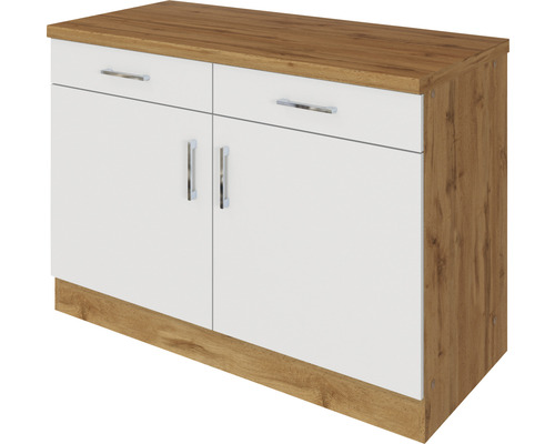 Biela spodná skrinka s dvomi zásuvkami a dvomi dvierkami vo vzhľade dreva