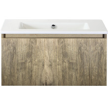 Umyvadlová skrinka s drevenou štruktúrou a umývadlom