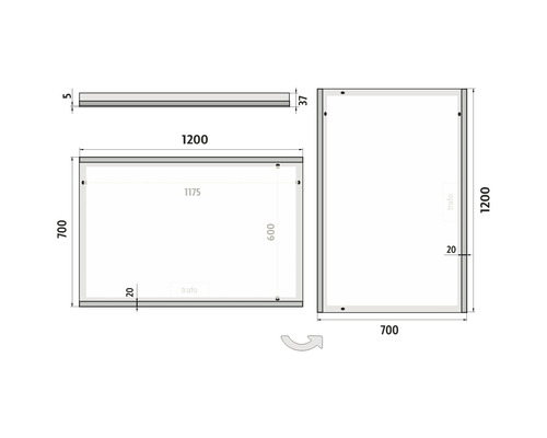 Technický výkres zrkadla s rozmermi.