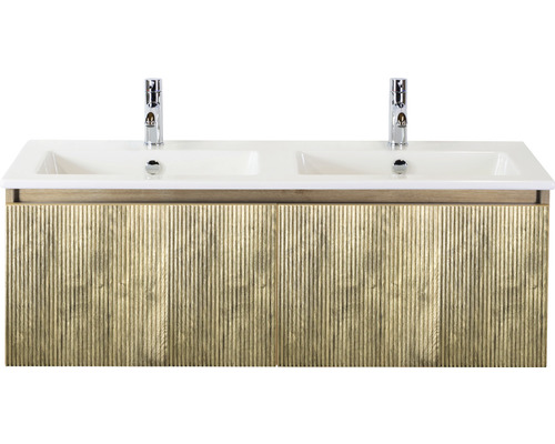 Súprava kúpeľňového nábytku Sanox Frozen 3D ŠxVxH 121 x 42 x 46 cm farba čela francúzsky dub 2dielna s dvojitým keramickým umývadlom Umývadlová skrinka s dvoma umývadlami a spodnou skrinkou