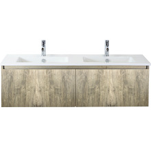 Skrinka pod umývadlo s dvomi umývadlami a drevenou štruktúrou