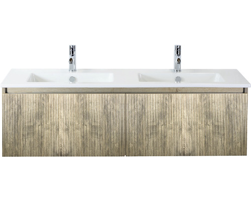 Skrinka pod umývadlo s dvomi umývadlami a drevenou štruktúrou