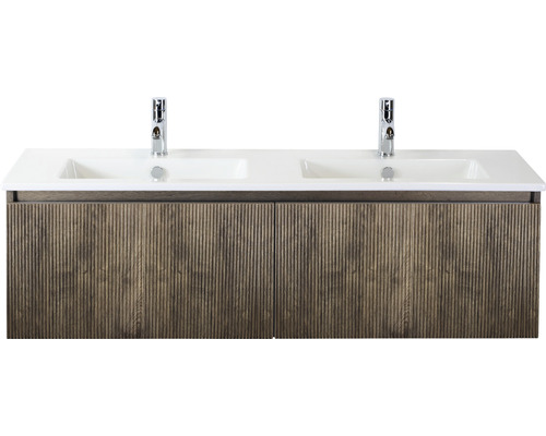 Umývadlo s dvomi umývadlami a spodná skrinka s drevenou štruktúrou