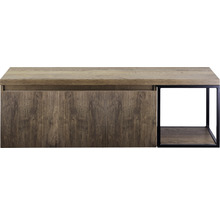 TV stolík s drevenou doskou, ryhovanou prednou stranou a otvorenou priehradkou s čiernym rámom