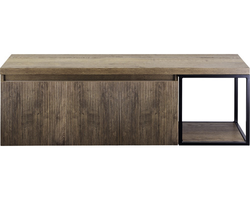 Kúpeľňová skrinka pod umývadlo Sanox Frozen 3D charleston 140 x 43 x 45 cm TV stolík s drevenou doskou, ryhovanou prednou stranou a otvorenou priehradkou s čiernym rámom