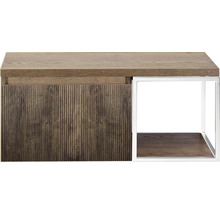 Konferenčný stolík s drevenou doskou, drevenou štruktúrou a kovovým rámom