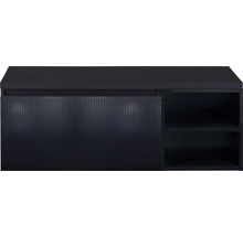 Tmavomodrá skrinka pod umývadlo s posuvnými dverami a dvoma policami