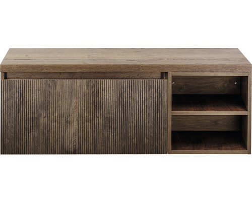 Drevená spodná skrinka s posuvnými dverami a policami