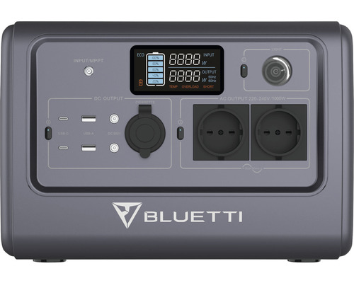 Bluetti Powerstation s rôznymi portami a digitálnym displejom.