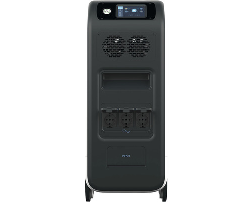 Pohľad zozadu na prenosnú elektrickú stanicu s displejom, vetracími otvormi, rukoväťou, tromi zásuvkami a vstupným konektorom