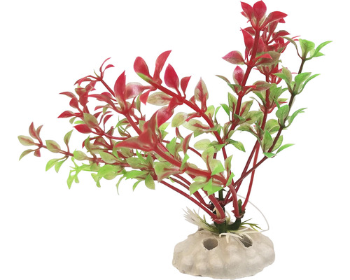 Dekoratívna umelá akváriová rastlina s červenými a zelenými listami na podstavci