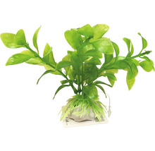 Umelá akvarijná rastlina so zelenými listami a kamennou základňou