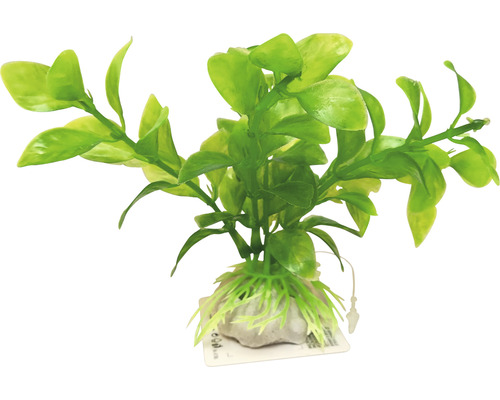 Umelá akvarijná rastlina so zelenými listami a kamennou základňou