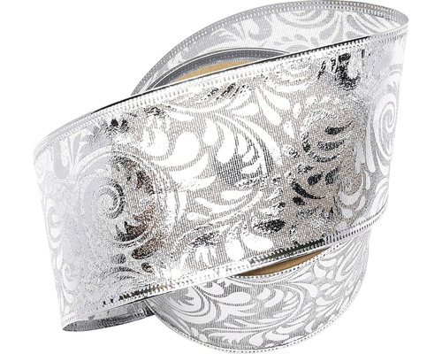 Stuha s motívom lístkov 6,3 cm strieborná Dekoratívna darčeková stuha s kvetinovým vzorom