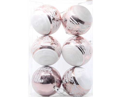 Vianočné ozdoby plastové gule so stromami Ø 8 cm 6 ks ružovo-biele Šesť vianočných gúľ s rôznymi vzormi v priehľadnom obale