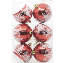 Šesť červených vianočných gúľ s motívom stromu v balení