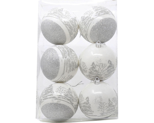 Vianočné ozdoby plastové gule so striebornými stromami Ø 8 cm 6 ks biele Šesť vianočných gúľ so zimnými motívmi v balení