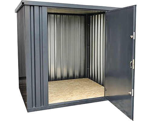 Kovový záhradný domček s otvorenými dverami a drevenou podlahou