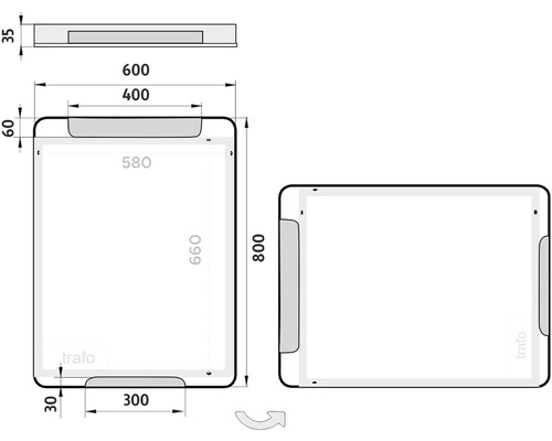 Technický nákres zrkadla s rozmermi