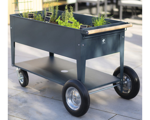 Vyvýšený záhon na kolieskach s bylinkami a drevenou rukoväťou