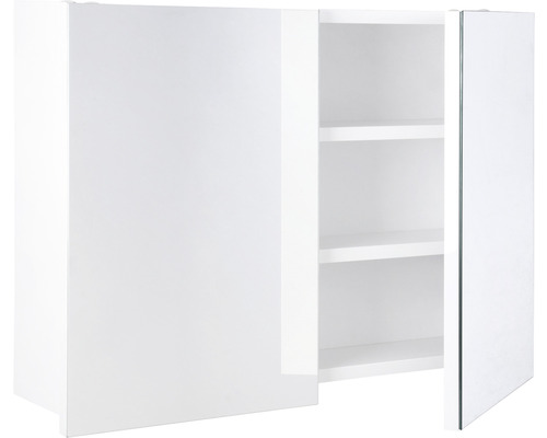 Biela zrkadlová skrinka s dvomi dvierkami a vnútornými policami do kúpeľne