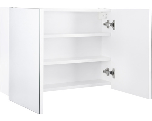 Otvorená zrkadlová skrinka s tromi policami do kúpeľne