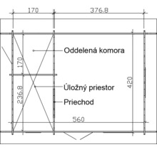 Technický výkres záhradného domčeka s rozmermi.