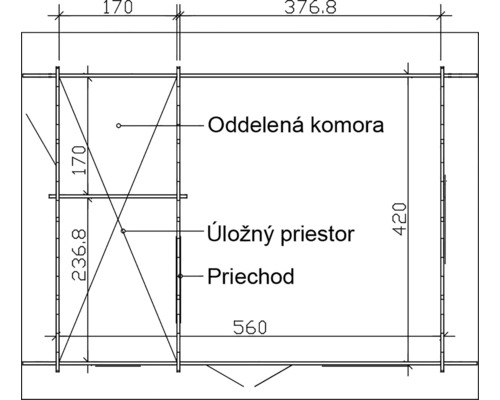 Technický výkres záhradného domčeka s rozmermi.