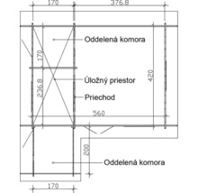 Technický nákres so špecifikáciami pre skladovací priestor