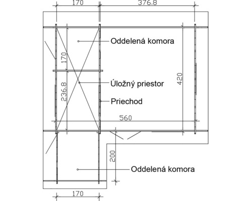 Technický nákres so špecifikáciami pre skladovací priestor