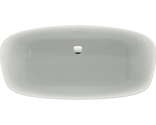 Pohľad zhora na obdĺžnikové keramické umývadlo na dosku s odtokovou armatúrou