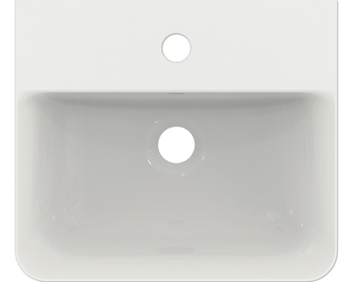 Pohľad zhora na umývadlo zo sanitárnej keramiky s otvorom pre kohútik